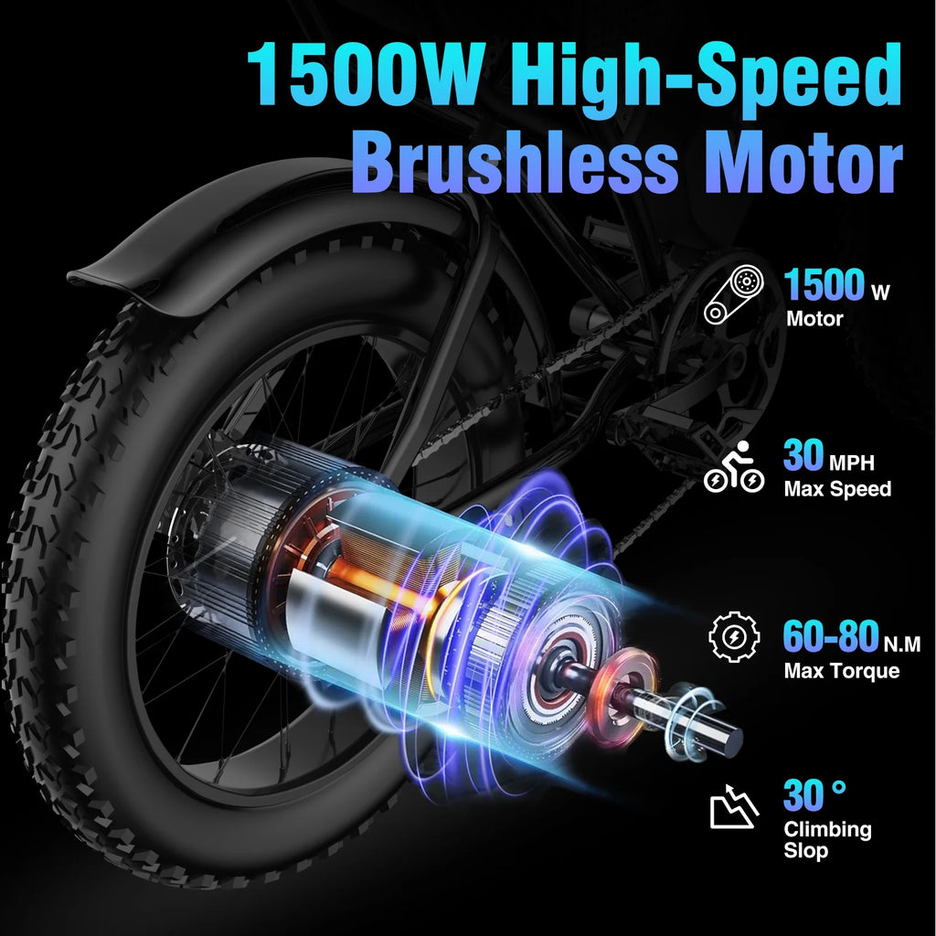 YVY 1500W Electric Bike for Adults, 33MPH 20'' Fat Tire Electric Motorcycle, 48V 20AH Removable Battery, 30 - 60 - image 19