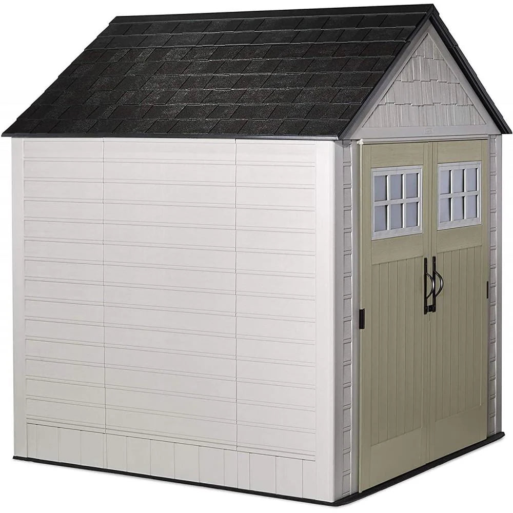 Rubbermaid 7×7 Ft Durable Weather Resistant Resin Outdoor Garden Storage Shed with Windows and Utility Hooks, Sand - image 4