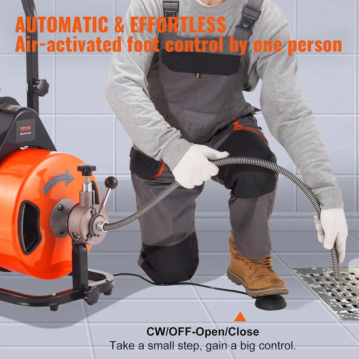 Drain Cleaner Machine 100FT x 1/2Inch, Auto Feed Sewer Snake Auger with 4 Cutter & Air-activated Foot Switch for 1" to 4" Pipes, Orange, Black - image 4
