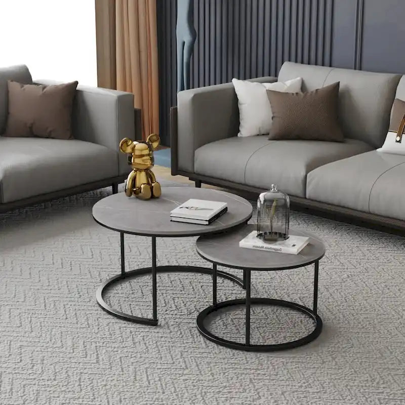 Round Sintered Stone Top Nesting Coffee Table with Black Metal Frame - 31.5 x 17.7 Inches - image 9