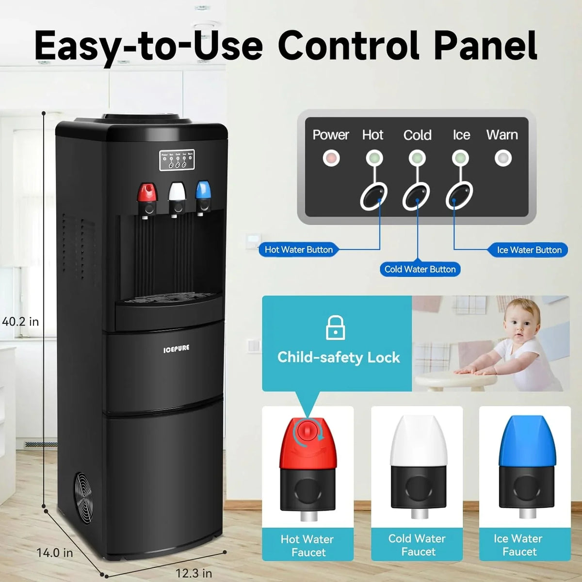 ICEPURE Water Dispenser with Ice Maker, 3-in-1 Hot and Cold Water Cooler with Built-in Bullet Ice Maker Machine, 26.5lbs/24H, Top Loading for 3-5 Gallon Bottle, Child Safety Lock, Black - image 7