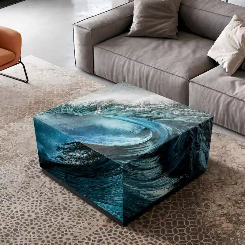 Sapphire Sea Beveled Art Glass Cocktail Table with Black Plinth Base - Reverse Printed Design - image 5