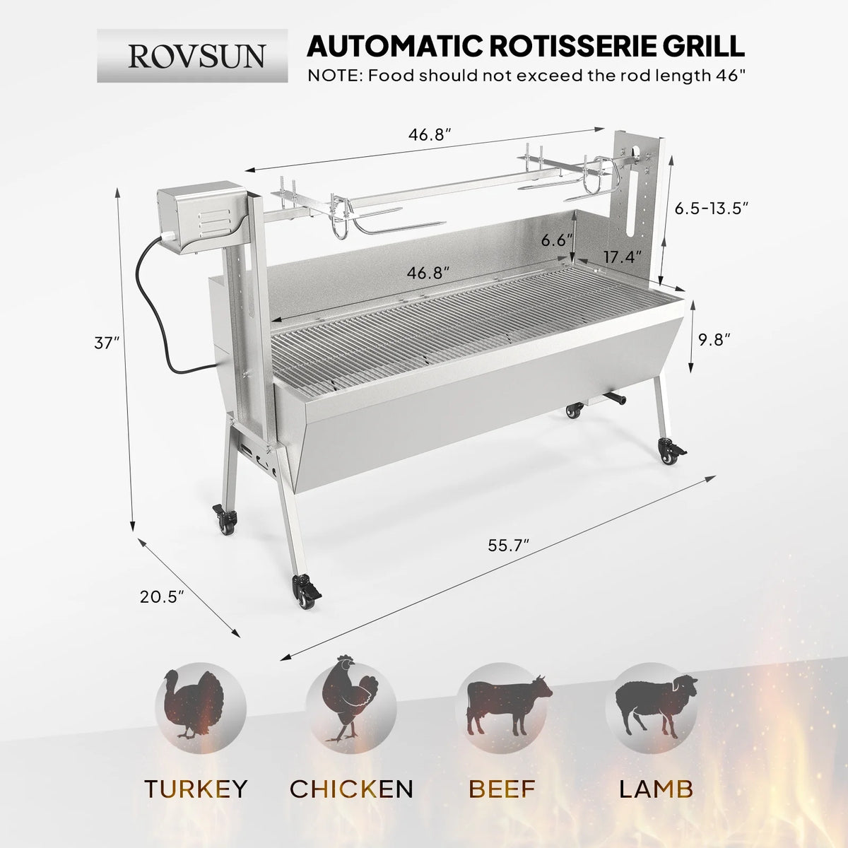 RovSun 46 Electric Rotisserie Grill 176 lbs Capacity 25w Pig Lamb Spit Roaster Rotisserie w/Lockable Wheels Wind Baffle with Adjustable Height - image 8