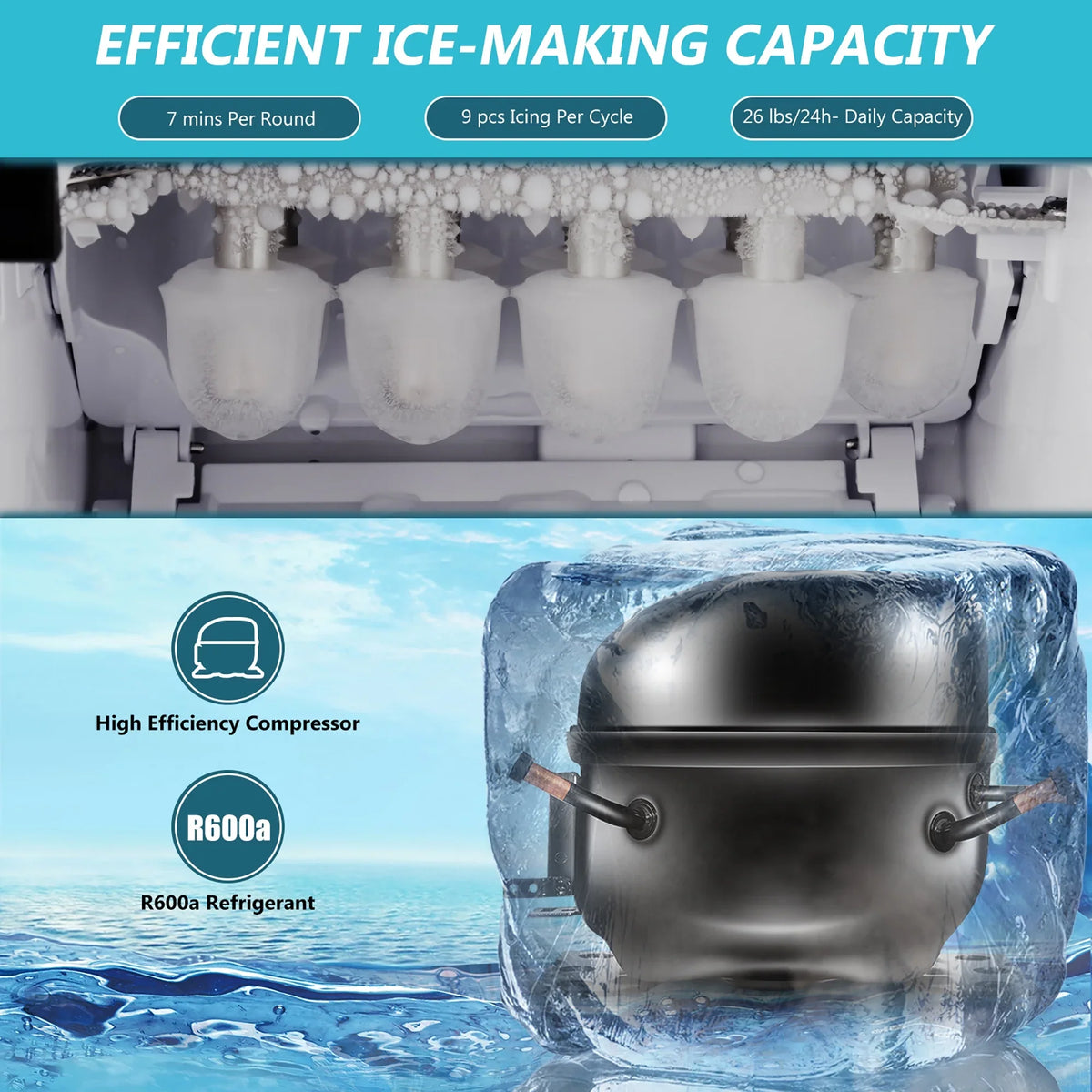 Costway Ice Maker Machine Countertop 26Lbs/24H Portable W/Scoop & Basket Silver - image 5