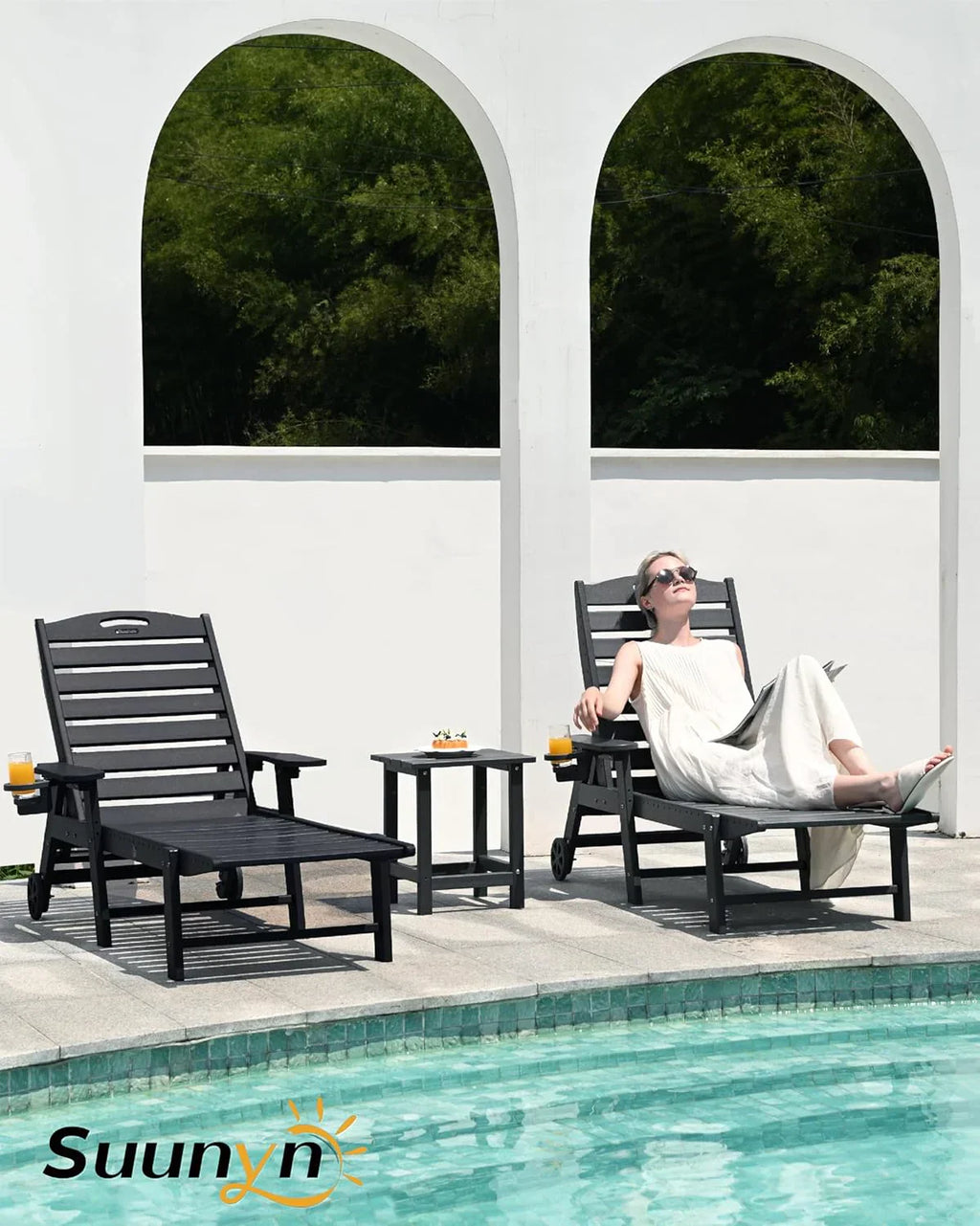 Lounge Chair Outdoor, Chaise Lounge, HDPE 6-Position Outdoor Chaise Lounge, Patio Lounge Chair with Wheels & Cup Holder for Pool Poolside Deck Backyard, Teak - image 59