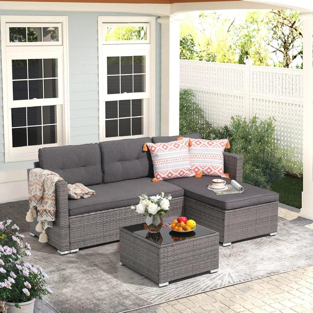JOIVI 3 Pieces Patio Conversation Set, PE Wicker Rattan Outdoor Furniture Set, 2 Ways Small Sectional Sofa, Tempered Glass Coffee Table, Silver-Gray - image 38