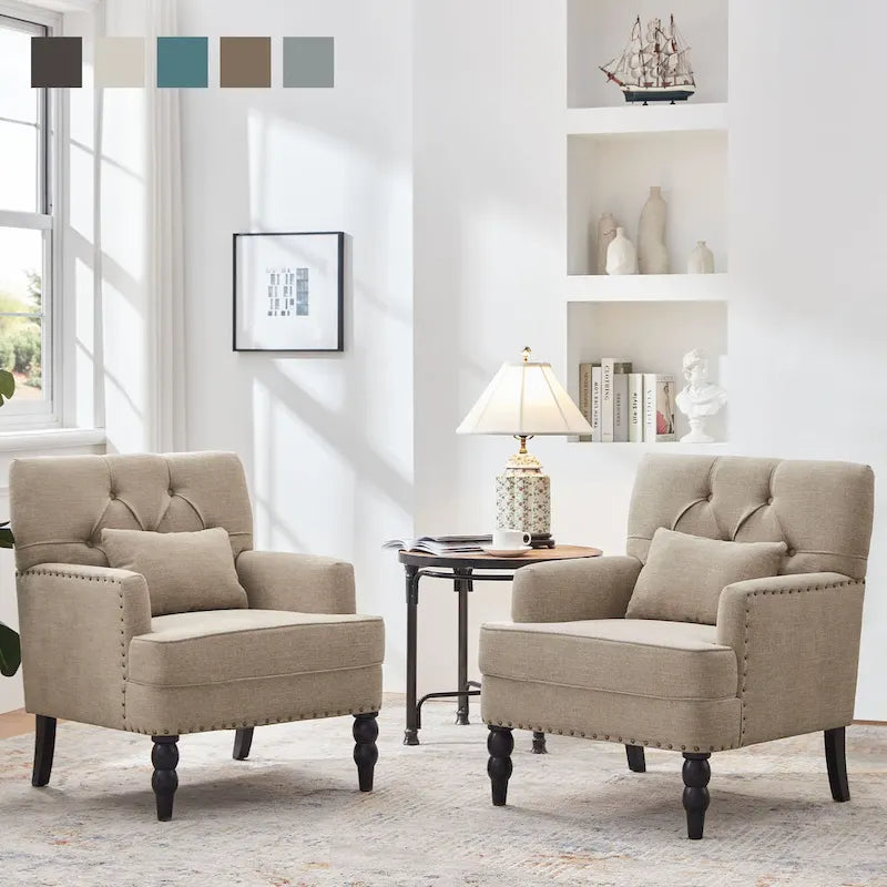 Set of 2 Arm Chair Upholstered Button Tufted Accent Chair with Lumbar Pillow Beige/ Grey/ Light Blue - image 15