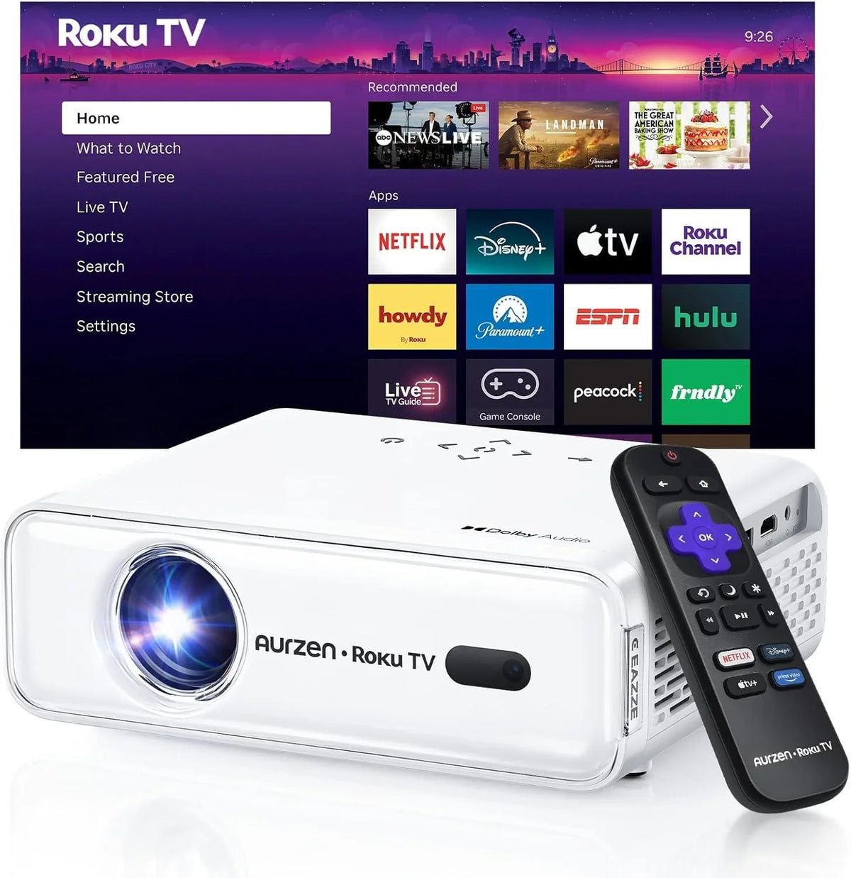 Aurzen Roku TV Smart Projector with Wifi and Bluetooth, Roku Streaming Experience Built-in - image 1