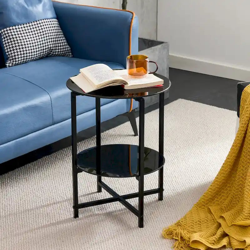 Black 2-Piece Tempered Glass End Table Set - Round Coffee Table for Bedroom, Living Room, and Office - image 15