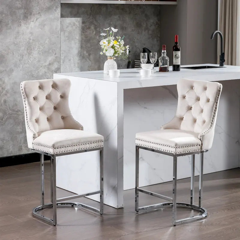 Contemporary Set of 2 Bar Stools with Button-Tufted Back and Studded Trim, Chrome Metal Base - Ideal for Dining Room, Living Room, and Bedroom - image 10