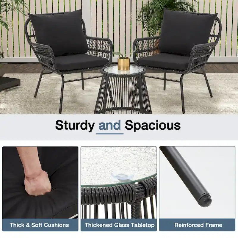 3-Piece Patio Conversation Bistro Set, Outdoor Rattan Furniture Set with Glass Table & 2 Wide Armchairs, Seat Cushions - image 8