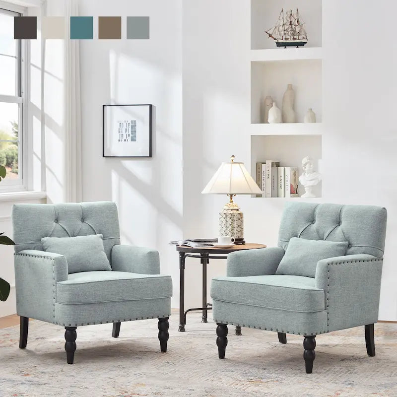 Set of 2 Arm Chair Upholstered Button Tufted Accent Chair with Lumbar Pillow Beige/ Grey/ Light Blue - image 14