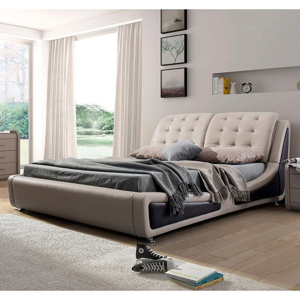 Olivia Contemporary Button Tufted Faux Leather Platform Bed, Beige/Brown, Queen - image 2