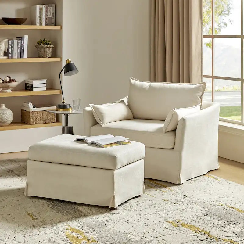 Sophie Contemporary Oversized Slipcovered Armchair and Ottoman with Lockable Rear Wheels - image 18