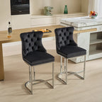 Contemporary Set of 2 Bar Stools with Button-Tufted Back and Studded Trim, Chrome Metal Base - Ideal for Dining Room, Living Room, and Bedroom - image 2