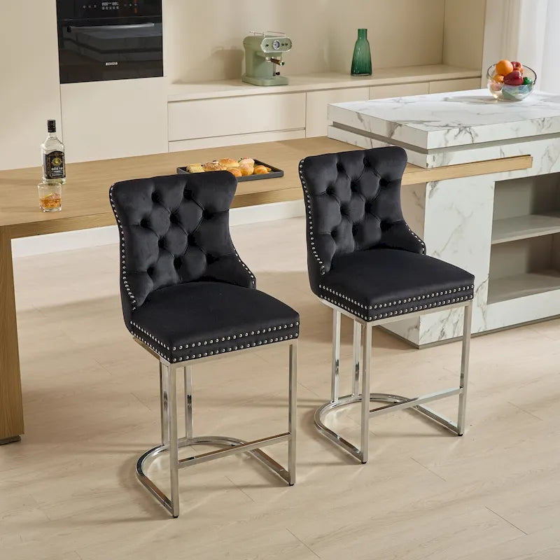 Contemporary Set of 2 Bar Stools with Button-Tufted Back and Studded Trim, Chrome Metal Base - Ideal for Dining Room, Living Room, and Bedroom - image 2