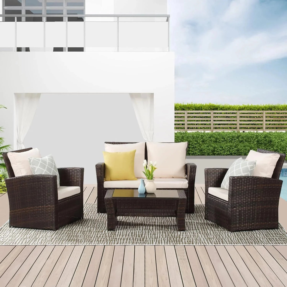 Wisteria Lane 4 Piece Outdoor Patio Furniture Sets, Wicker Conversation Set for Porch Deck, Grey Rattan Sofa Chair with Cushion Blue - image 34