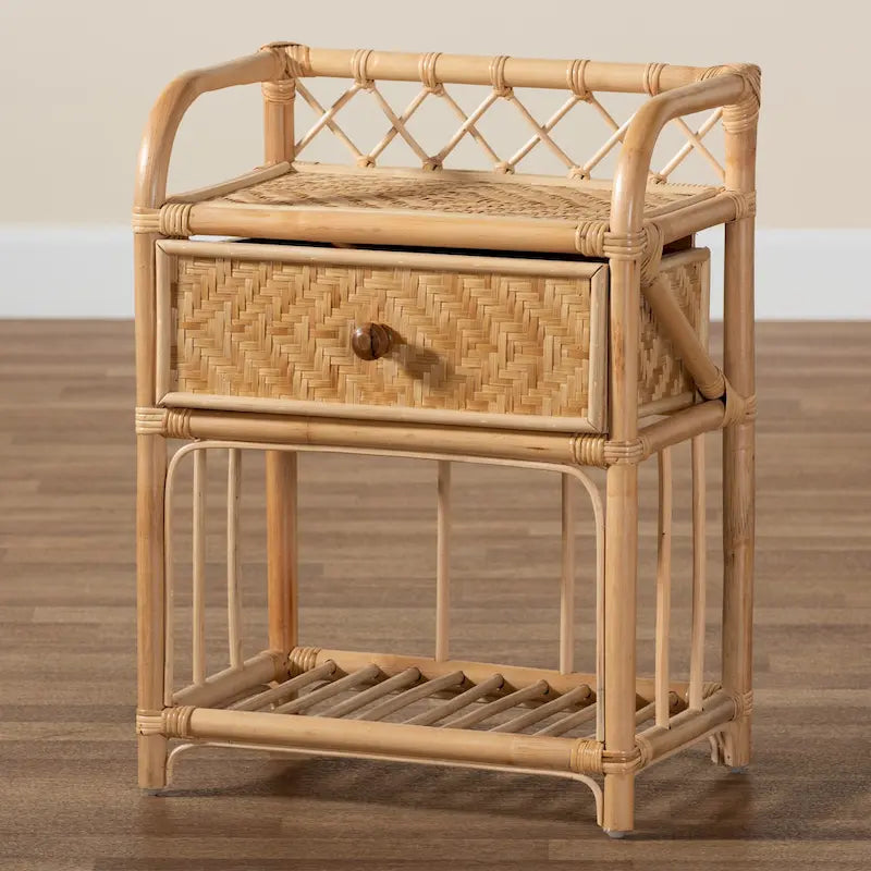 Modern Bohemian Natural Brown Rattan Nightstand with 1 Drawer by Kobie - image 1