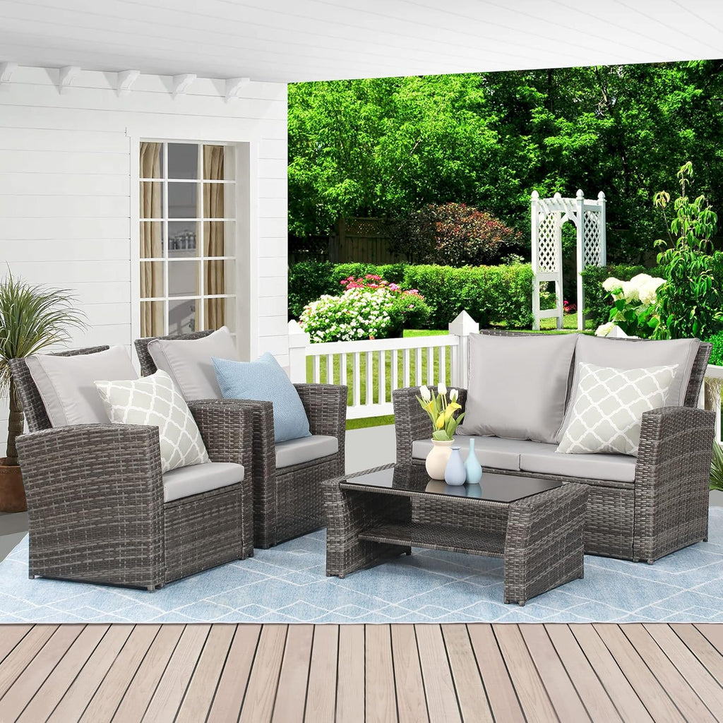 Wisteria Lane 4 Piece Outdoor Patio Furniture Sets, Wicker Conversation Set for Porch Deck, Grey Rattan Sofa Chair with Cushion Blue - image 26