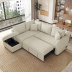 82.6" L-Shaped Sectional Sofa Bed with Pull-Out Feature, USB Ports, Power Sockets, and Movable Storage Ottoman - Bei - image 1