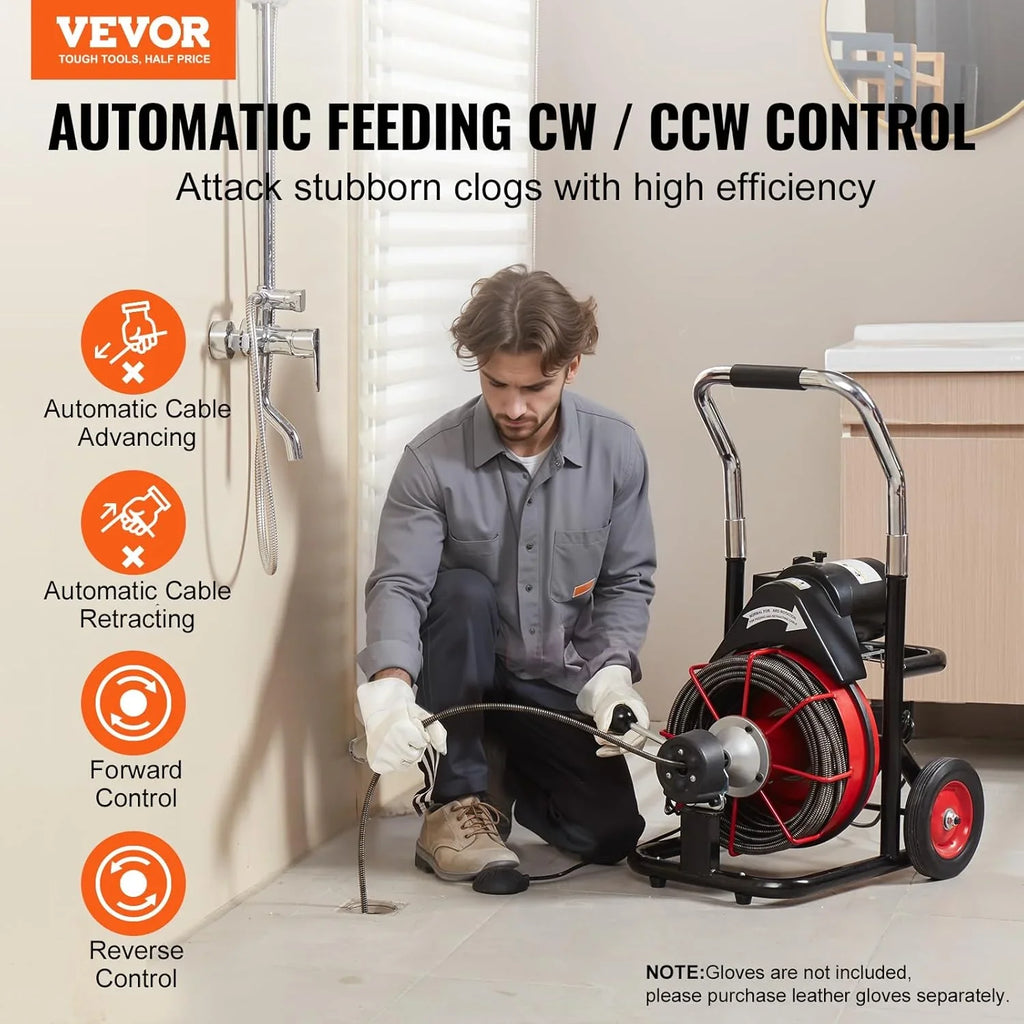 Drain Cleaner Machine 100FT x 1/2 Inch, Auto Feed Sewer Snake Auger on Wheels, 550W Portable Drain Cleaning Machine with 8 Cutters & Air-activated Foot for 2" to 4" Pipes - image 5