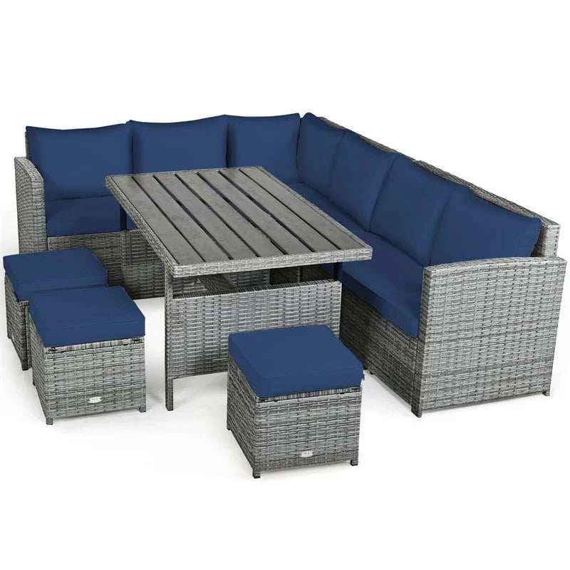 7 Pcs Rattan Patio Dining Furniture Sectional Sofa Set with Dining Table, Ottomans & Cushions - image 28