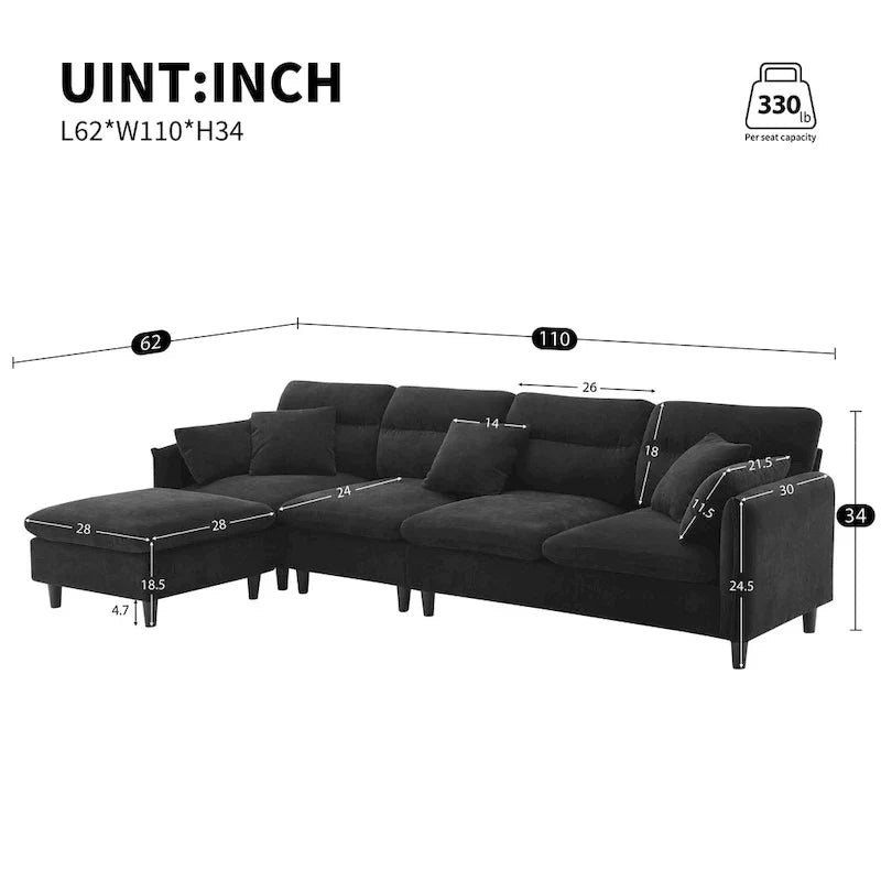 110-Inch L-Shaped 5-Seater Sectional Sofa with Removable Ottoman, Cloud Chenille Fabric, and 5 Cushions - image 25