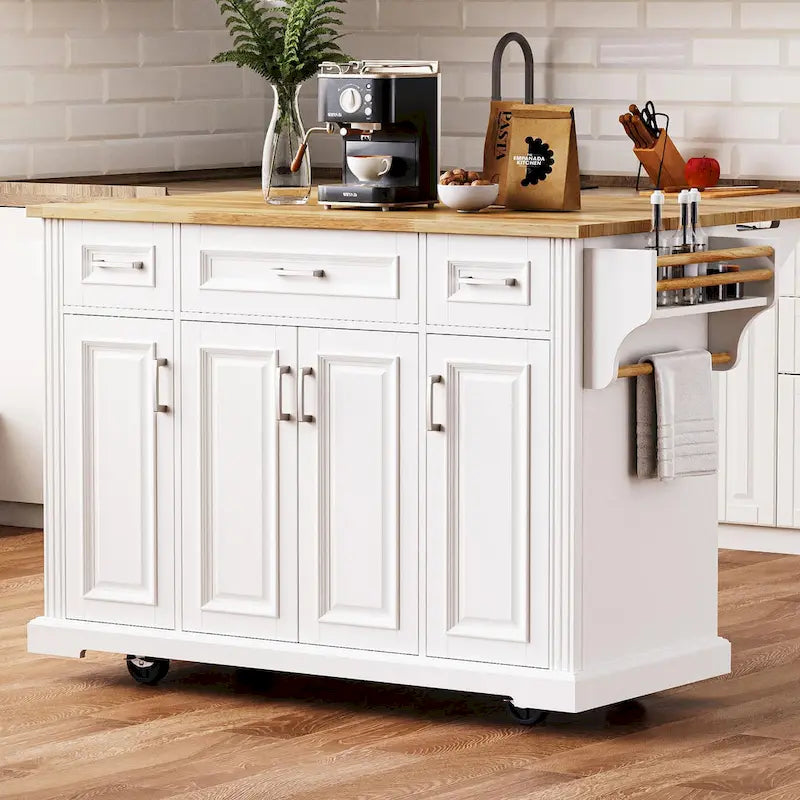 Large Kitchen Island with Wood Drop Leaf, Embossed Texture Rolling Kitchen Cart wDoors and Drawers wStorage for Kitchen, White - image 3
