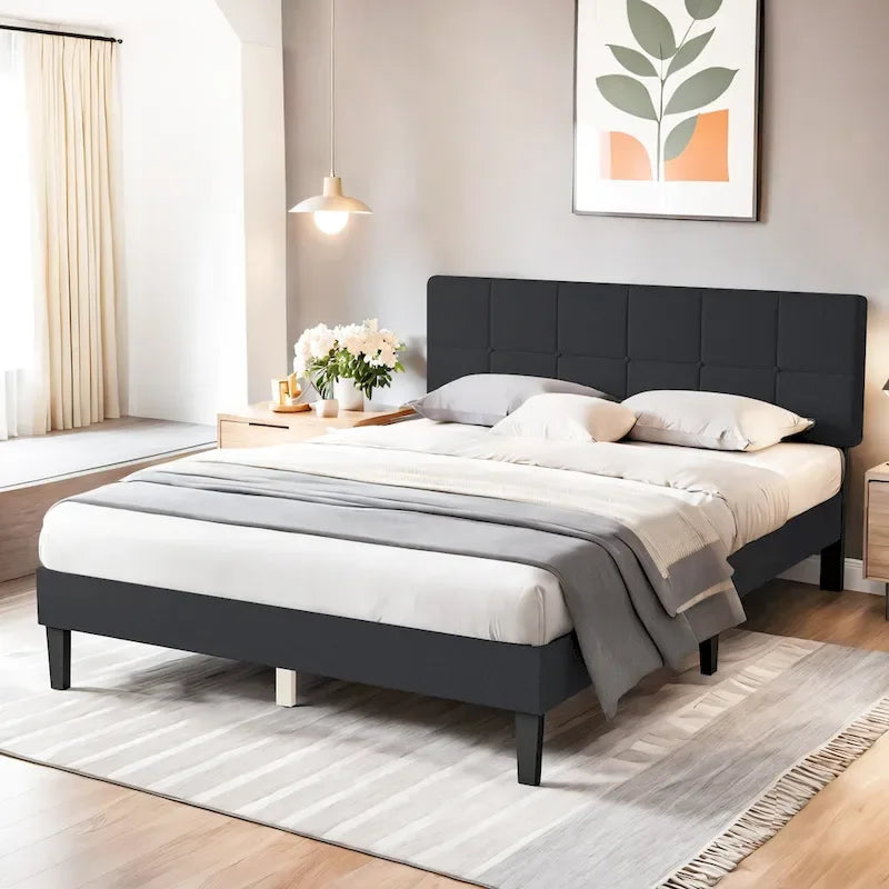 Modern Platform Bed Frame with Adjustable Headboard - Sturdy Geometric Upholstered Design with 800LBS Capacity and Solid Wooden Slats - image 2