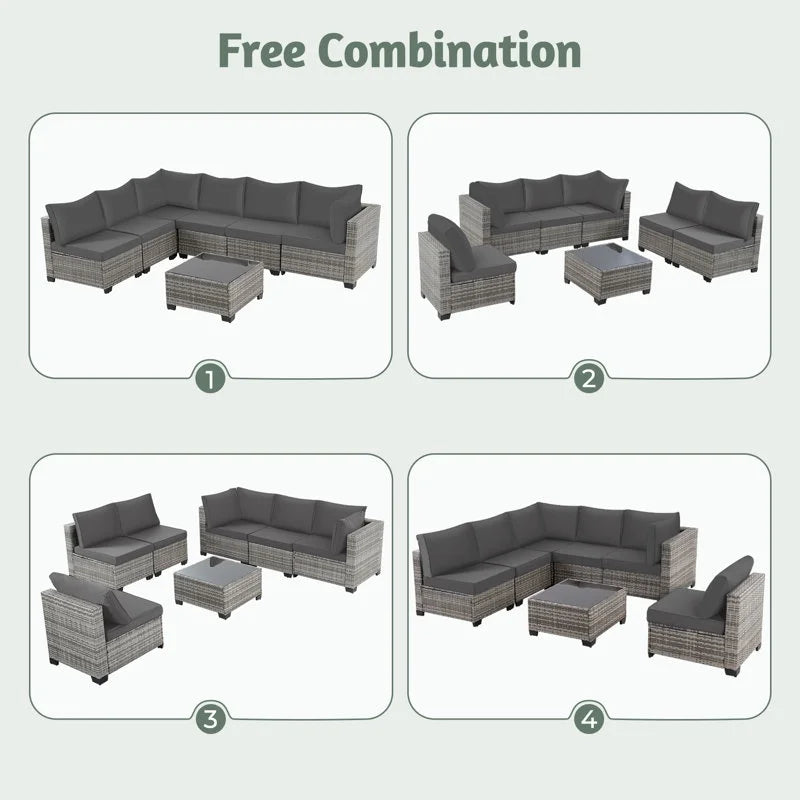 Ainfox 7 Pcs Outdoor Patio Furniture Sofa Set on Sale, Grey Rattan Grey Cushion - image 5