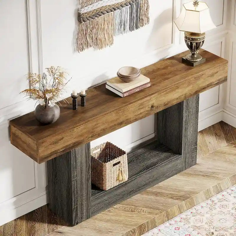 63-Inch Brown and Gray Slim Wooden Console Table for Entryway - image 17