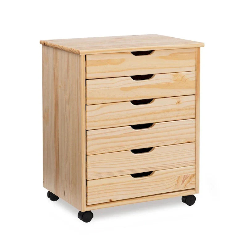 25.25-Inch Natural Brown Wide Rolling Storage Cabinet Featuring 6 Drawers - image 1