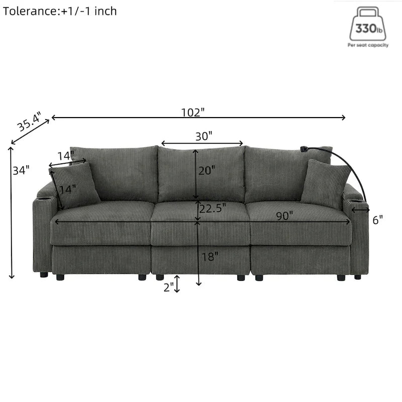 102 Corduroy Contemporary 3-Seater Sofa with Deep Seating, Cup Holders, and Phone Holder - image 13