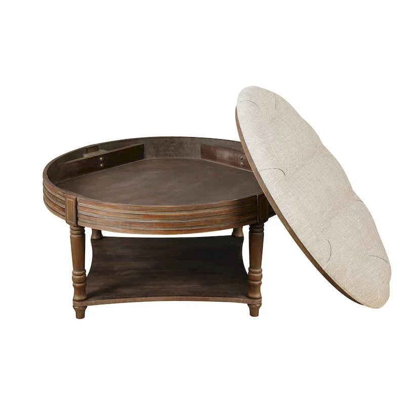 Round Storage Ottoman Coffee Table with Tufted Seat and Wooden Base - image 17