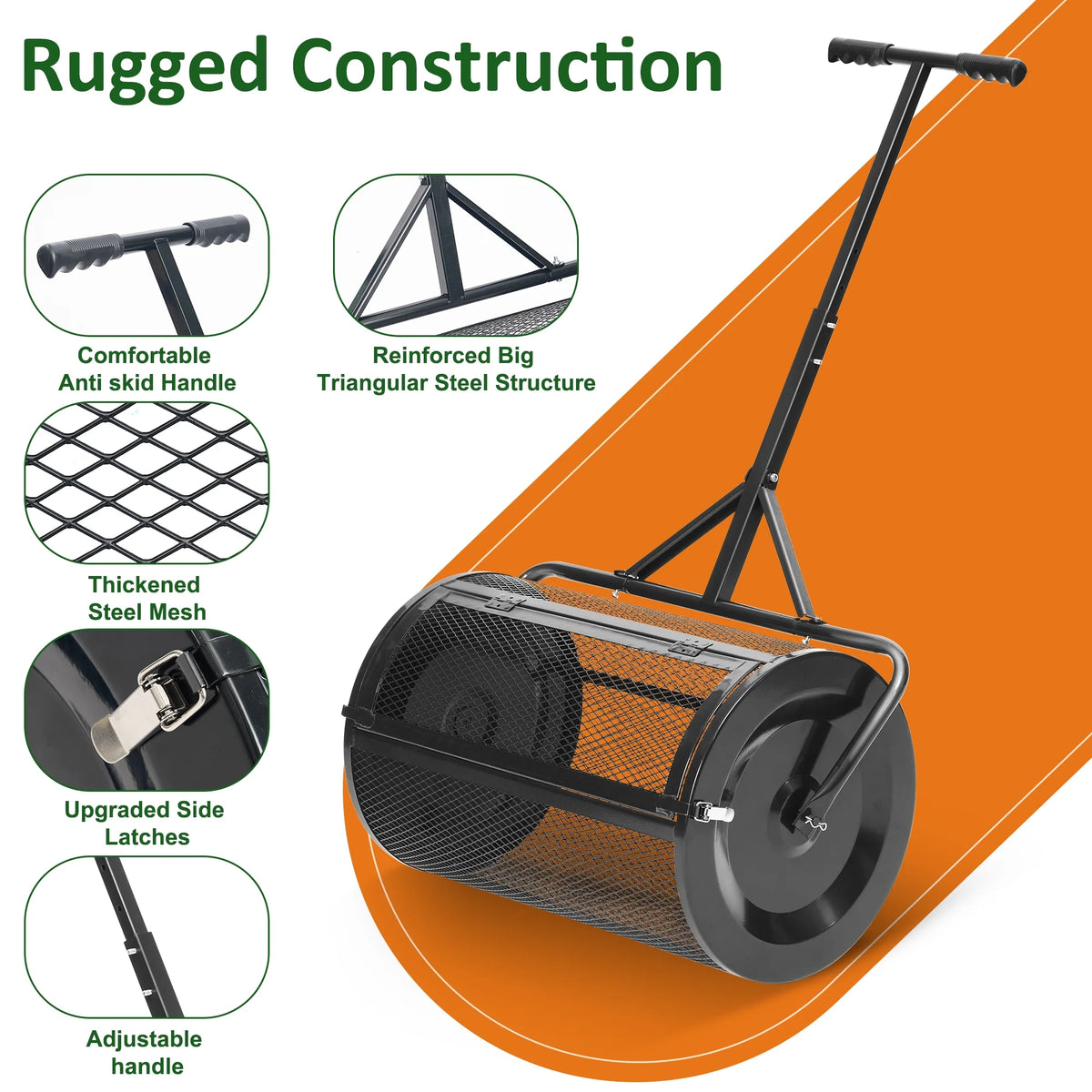 MUCHANT 24" Compost Spreader, Heavy-Duty Metal Mesh Spreader with Adjustable Handle for Lawn, Green - image 9