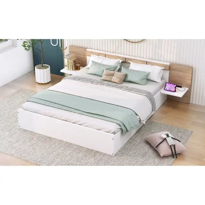 Natural Queen Size Platform Bed with Headboard, Storage Drawers, Shelves, USB Ports, and Outlets - image 9