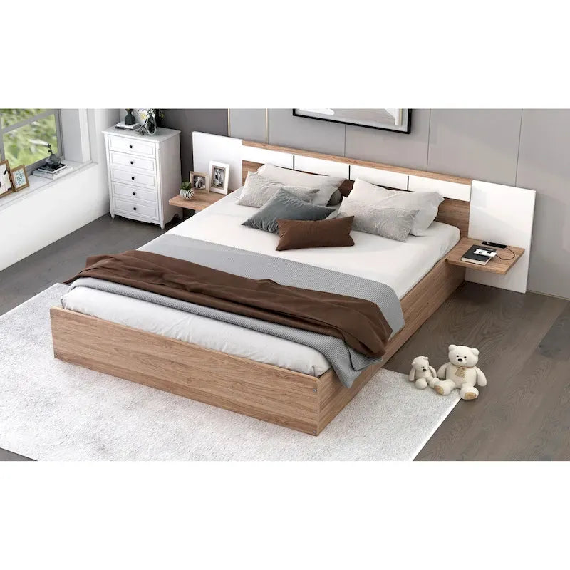 Natural Queen Size Platform Bed with Headboard, Storage Drawers, Shelves, USB Ports, and Outlets - image 5