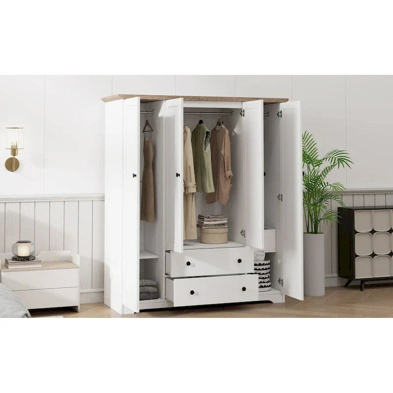 Freestanding 4-Door Wardrobe Armoire with 2 Drawers and Hanging Rods for Clothes Storage - image 12