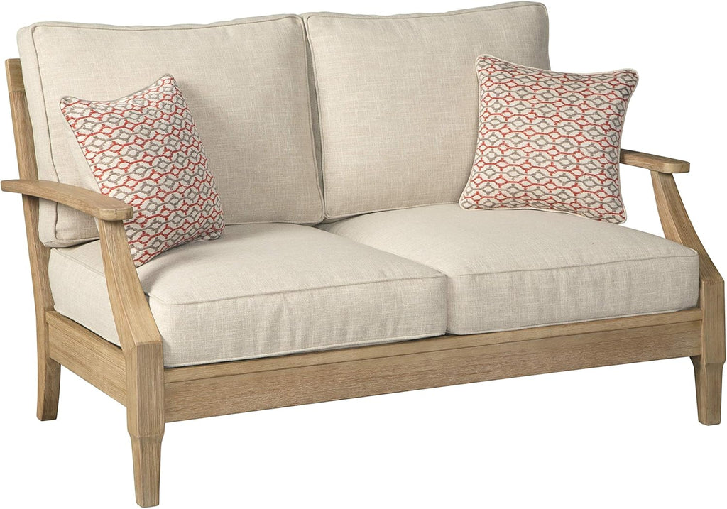 Signature Design by Ashley Clare View Coastal Outdoor Patio Eucalyptus Sofa with Cushions, Beige - image 2
