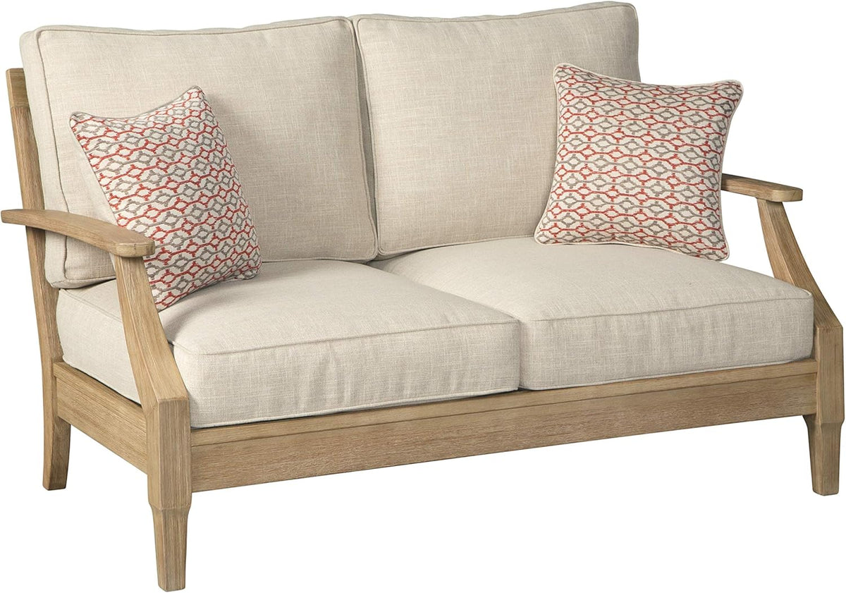 Signature Design by Ashley Clare View Coastal Outdoor Patio Eucalyptus Sofa with Cushions, Beige - image 2