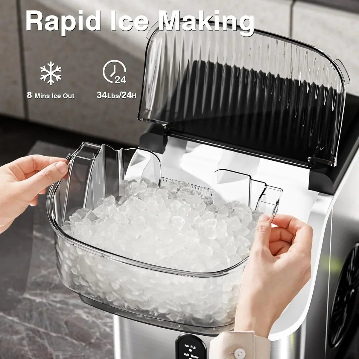 Nugget Ice Makers Countertop, Pebble Ice Machine with Chewable Pellet Ice, 34Lbs/24H, Self-Cleaning, Sonic Ice, One-Click Operation, for Kitchen,Office Stainless Steel Black - image 5