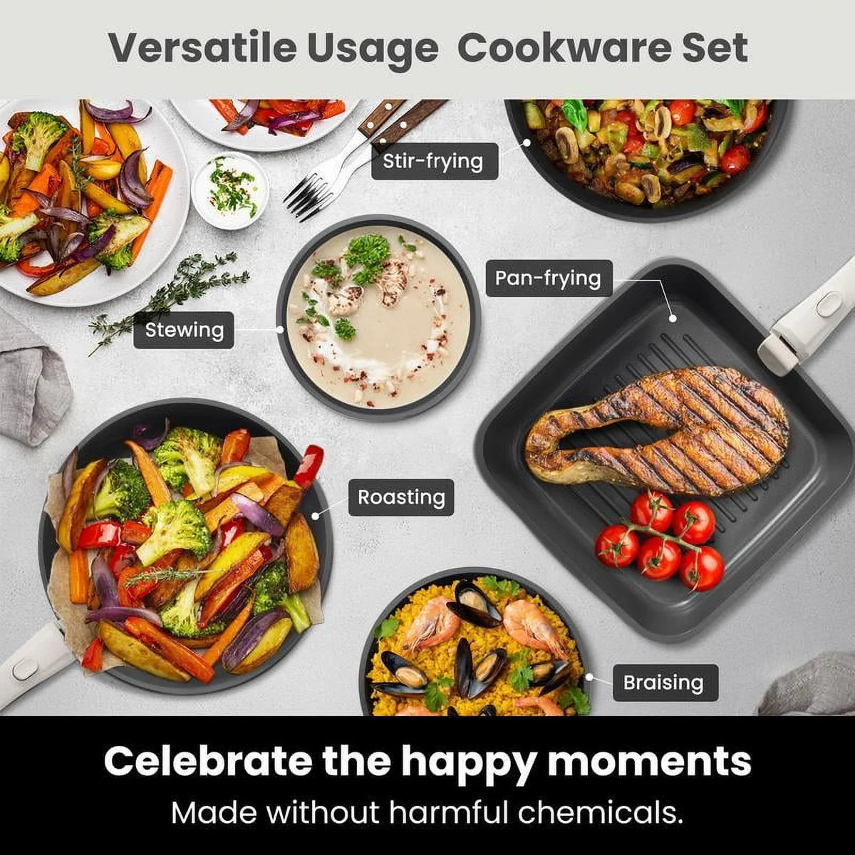 Non-Toxic Nonstick Ceramic 22 pcs pots and pans set complete Cookware Set with Lids,Detachable Handle,PFAS-Free,Dishwasher Oven Safe,Kitchen Outdoorfun Induction Compatible - image 9