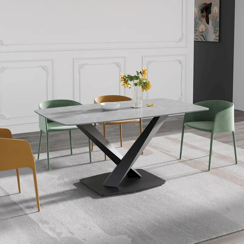 63-Inch Contemporary Dining Table with Slate Stone Surface and Metal Legs, Marble Finish - image 5