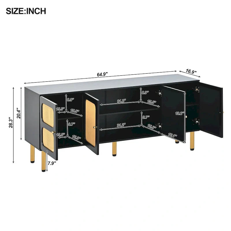 Bohemian Country Wood and Rattan TV Stand Media Console Storage Cabinet - Dimensions: 16.9" x 64.9" x 28.3" - image 9