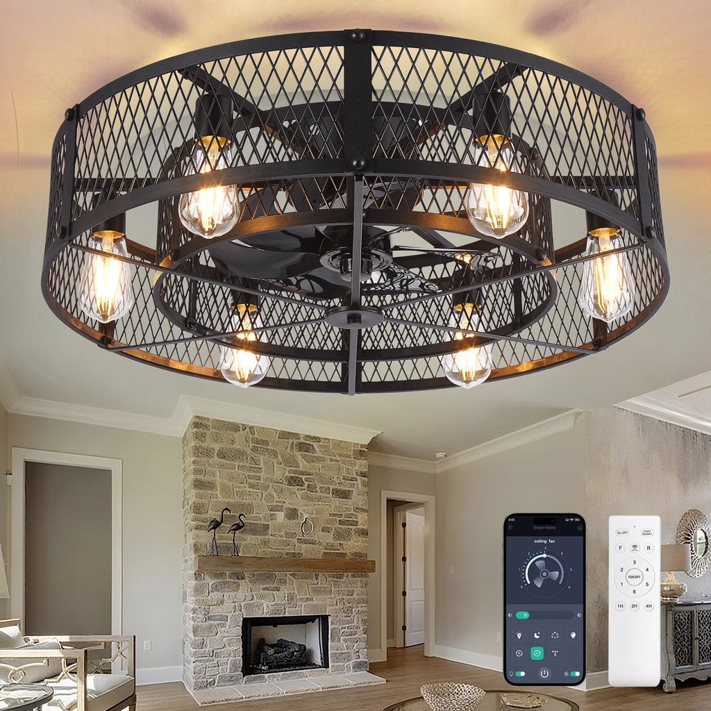 26 - Inch Farmhouse Caged Ceiling Fan with Light, Remote & APP Control Quiet DC Motor E26 Bulbs Included Black - image 1