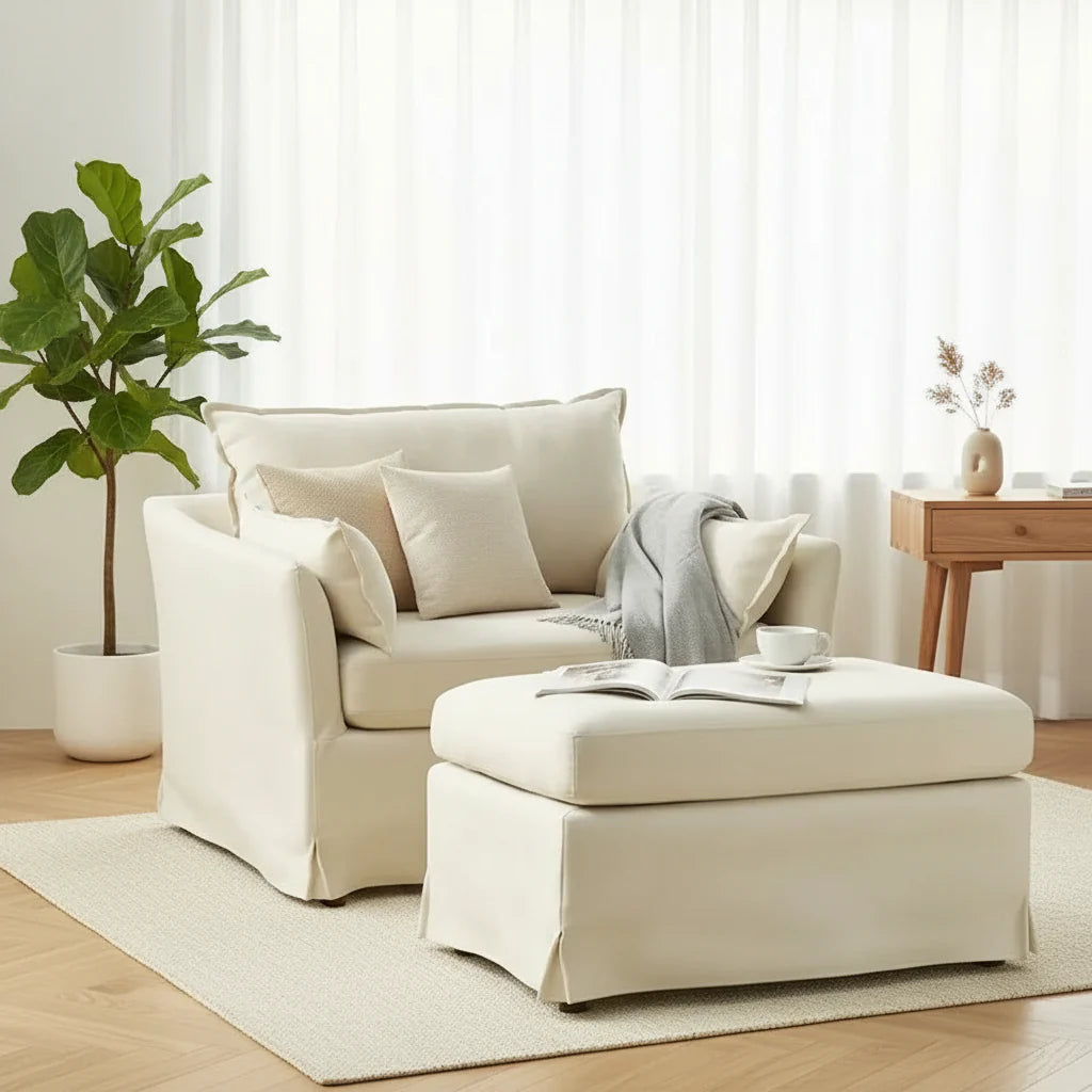 Sophie Contemporary Oversized Slipcovered Armchair and Ottoman with Lockable Rear Wheels - image 3