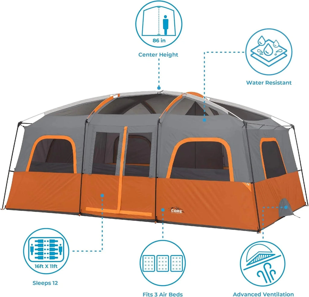 CORE Straight Wall Cabin Tents / 10 Person / 11 Person / 12 Person Large Multi Room Family Tents for Car Camping & Outdoor Adventures - image 22