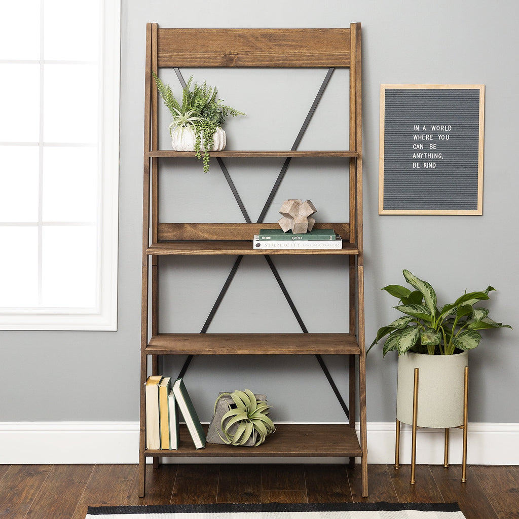 Walker Edison Solid Wood 4-Shelf Ladder Bookshelf, Brown - image 14