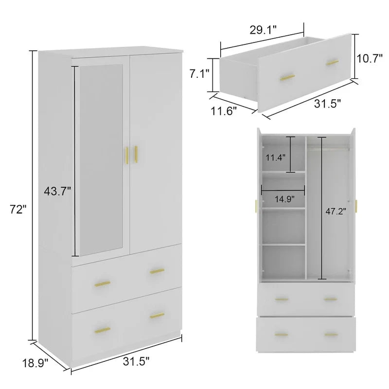 Modern Wardrobe Armoire with Mirror Door Hanging Rod and Drawers - image 7