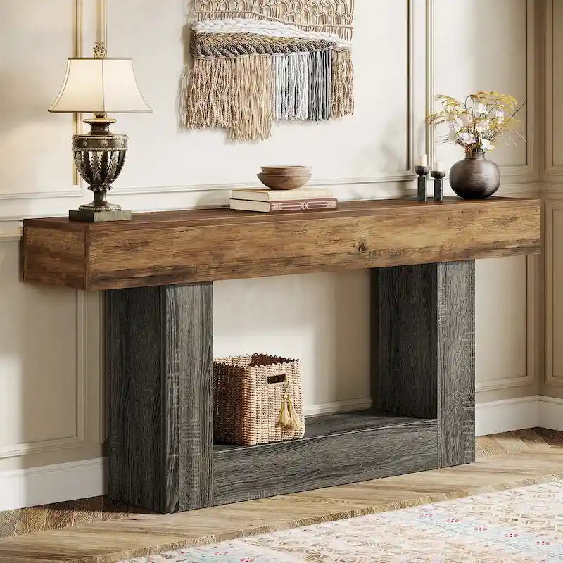 63-Inch Brown and Gray Slim Wooden Console Table for Entryway - image 14